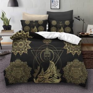 Lit deux places avec une parure de lit noire et dorée avec un Buddha