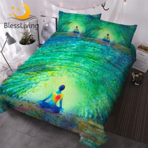 Parure de lit chakra verte, bonne qualité et à la mode sur un lit dans une maison