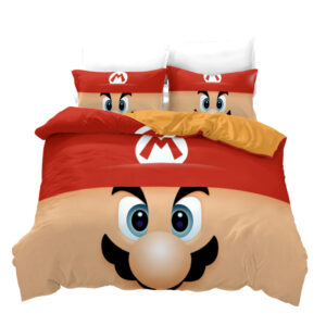 Parure de lit avec logo et visage de Mario. Bonne qualité, confortable et à la mode sur un lit dans une maison