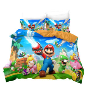 Parure de lit Mario au bras laser. Bonne qualité, confortable et à la mode sur un lit dans une maison