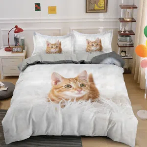 Parure de lit imprimée cocon de chat. Bonne qualité, confortable et à la mode sur un lit dans une maison