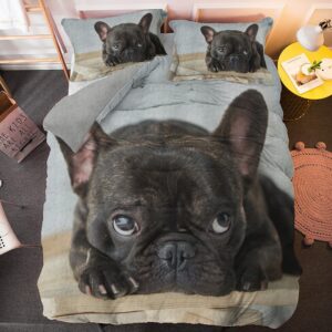 Parure de lit bouledogue chiot. Bonne qualité, confortable et à la mode sur un lit dans une maison