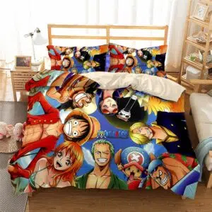 Parure de lit avec les personnages de One Piece. Bonne qualité, confortable et à la mode sur un lit dans une maison