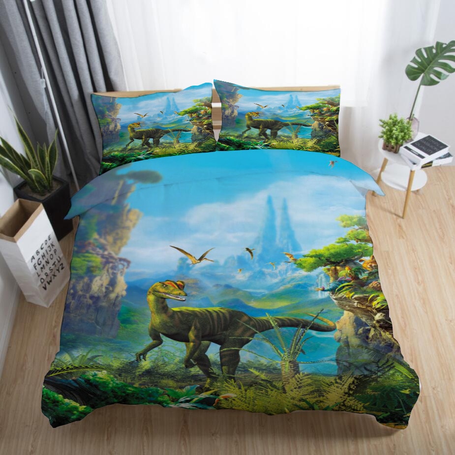 Parure de lit avec un dinosaure Velociraptor. Bonne qualité, confortable et à la mode sur un lit dans une maison