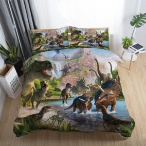 Parure de lit paysage de dinosaures. Bonne qualité, confortable et à la mode sur un lit dans une maison