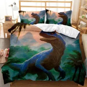 Parure de lit dinosaure dans la forêt. Bonne qualité, confortable et à la mode sur un lit dans une maison