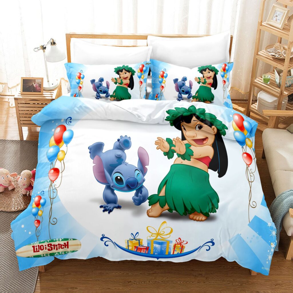 Parure de lit Lilo et Stitch en costume Hawaiien. Bonne qualité, confortable et à la mode sur un lit dans une maison