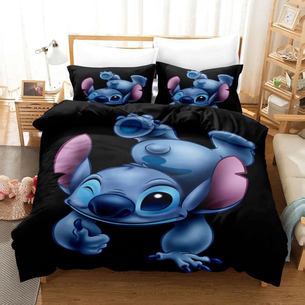Parure de lit noire Stitch Ensemble de literie Disney Stitch drap taie d oreiller couvre lit simple ou double couverture de 11