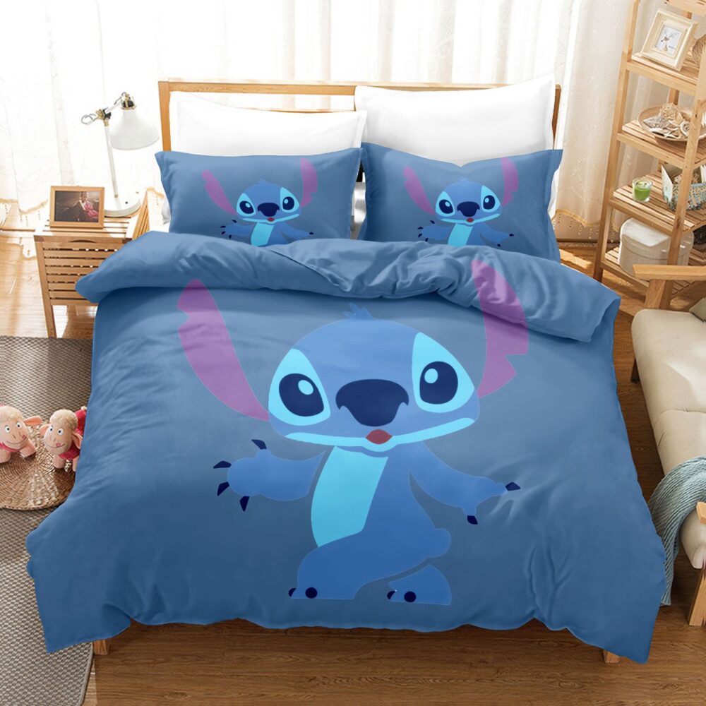 Parure de literie bleue avec Stitch Ensemble de literie Disney Stitch drap taie d oreiller couvre lit simple ou double couverture de 4