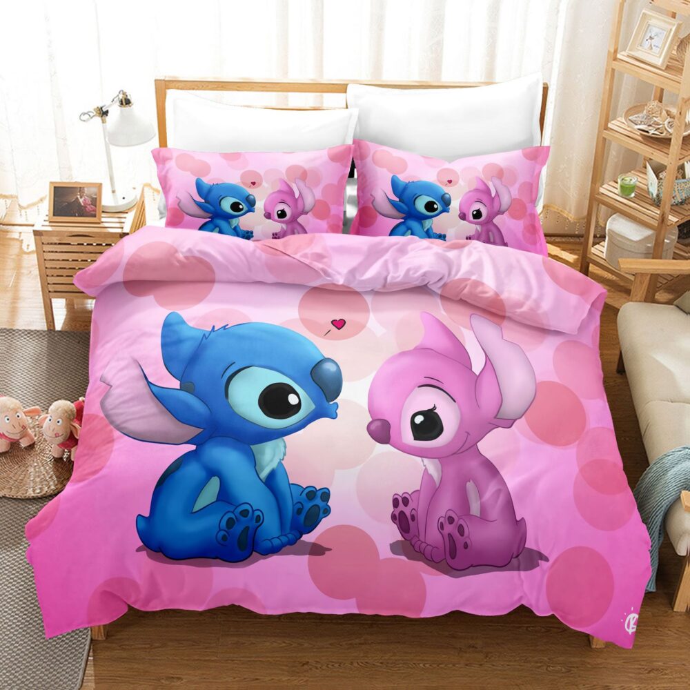 Parure de lit rose Stitch et Angel Ensemble de literie Disney Stitch drap taie d oreiller couvre lit simple ou double couverture de 5
