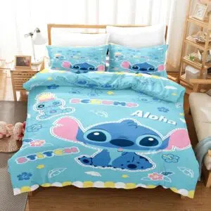 Parure de lit Stitch Aloha. Bonne qualité, confortable et à la mode sur un lit dans une maison