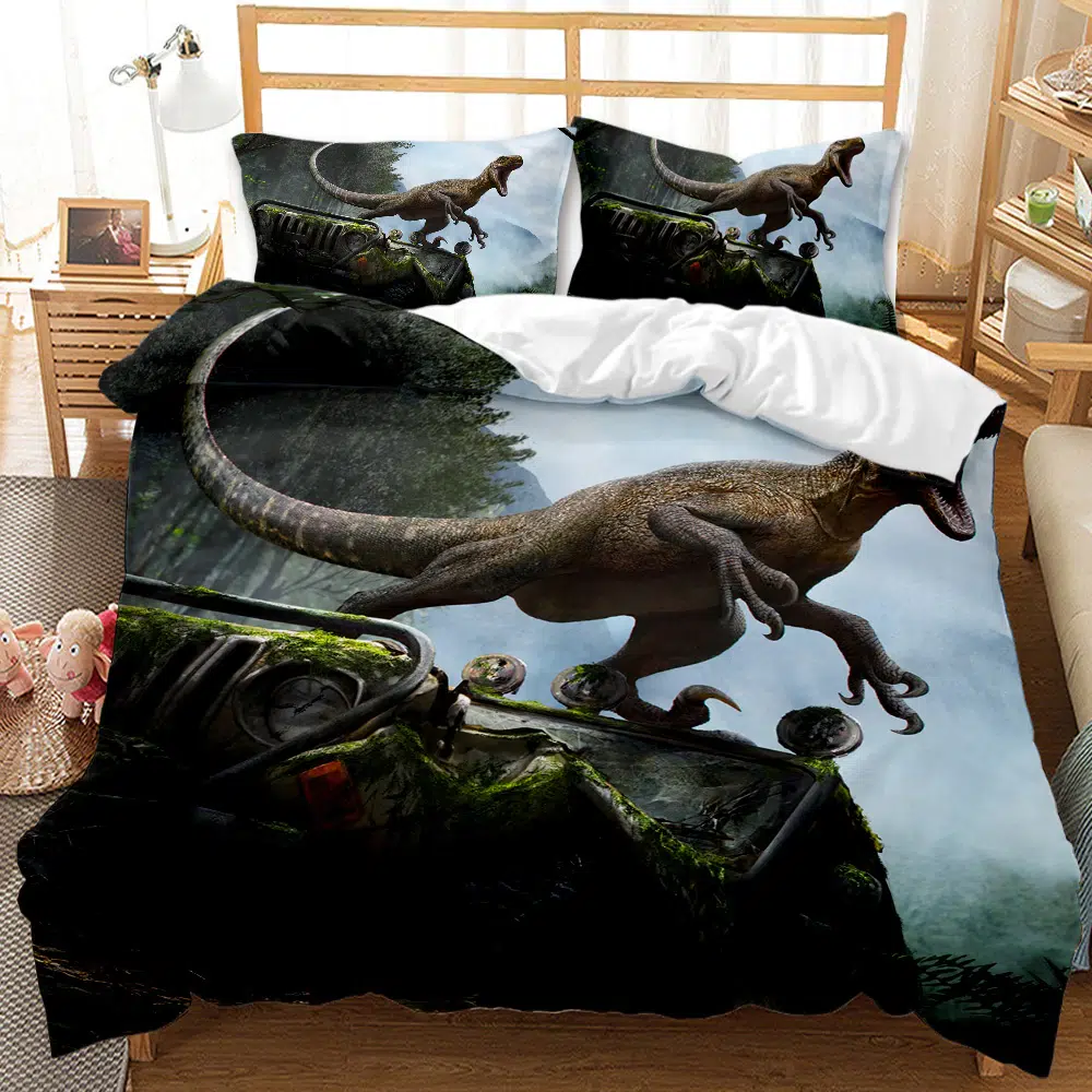 Parure de lit Jurassic Park. Bonne qualité, confortable et à la mode sur un lit dans une maison
