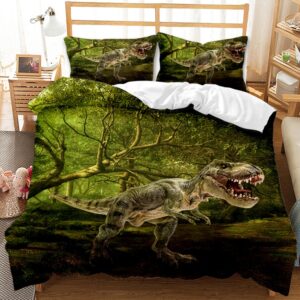 Parure de lit dinosaure Vélociraptor. Bonne qualité, confortable et à la mode sur un lit dans une maison