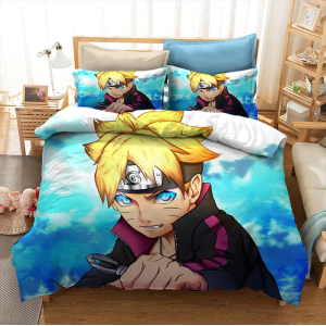 Parure de lit Boruto. Bonne qualité, confortable et à la mode sur un lit dans une maison