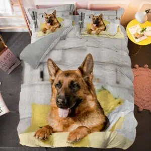 Parure de lit chien berger allemand. Bonne qualité, confortable et à la mode sur un lit dans une maison