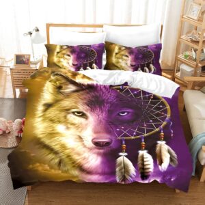 Parure de lit tête de loup violette et or. Bonne qualité, confortable et à la mode sur un lit dans une maison