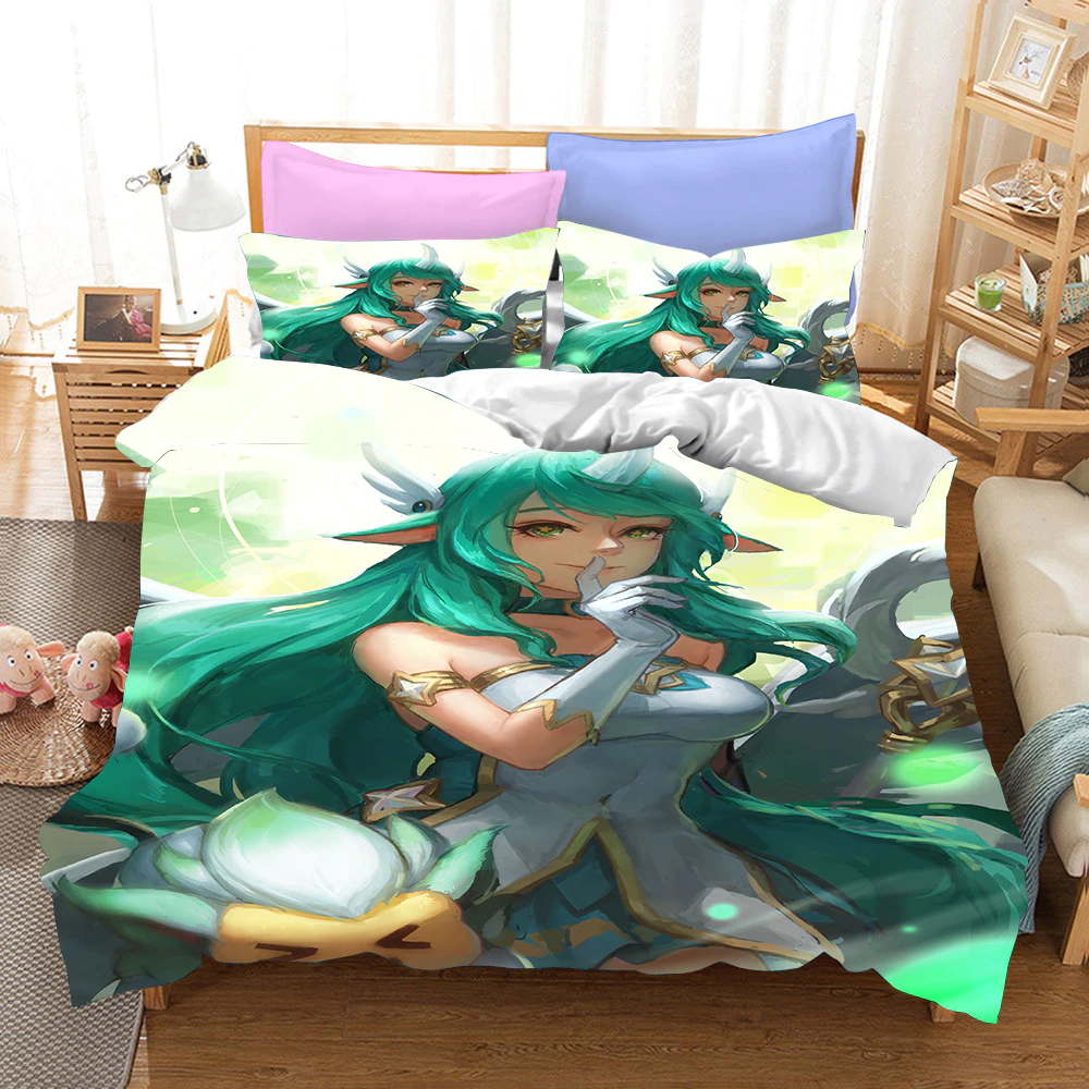 Parure de lit League of Legends et Soraka. Bonne qualité, confortable et à la mode sur un lit dans une maison