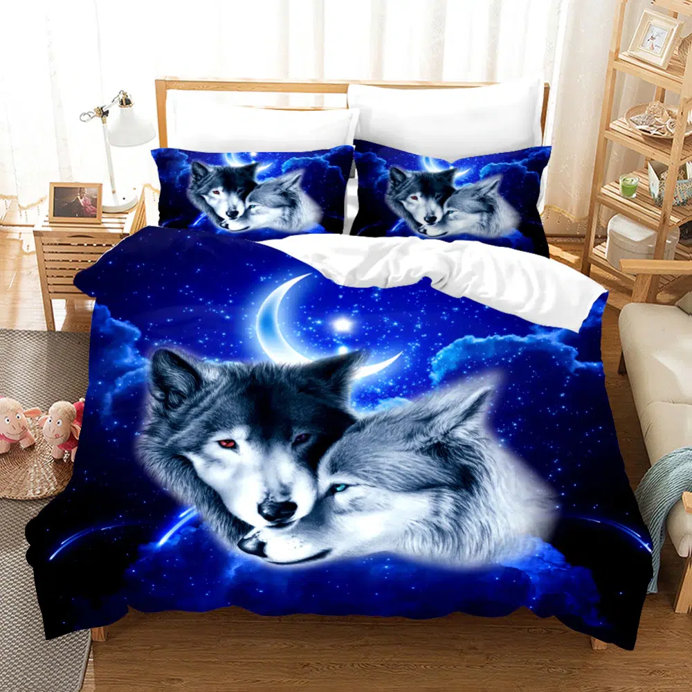 Parure de lit d'un couple de loups dans la nuit Parure de lit imprim e en 3d motif loup Animal mignon pour enfants et adultes housse 1