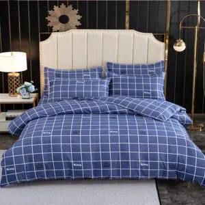 Parure de lit bleue à carreaux motif king. Bonne qualité, confortable et à la mode sur un lit dans une maison