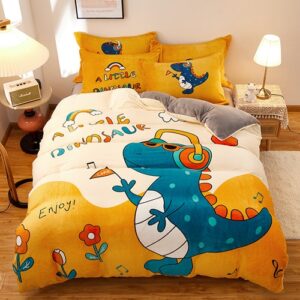 Parure de lit jaune motif dinosaure. Bonne qualité, confortable et à la mode sur un lit dans une maison
