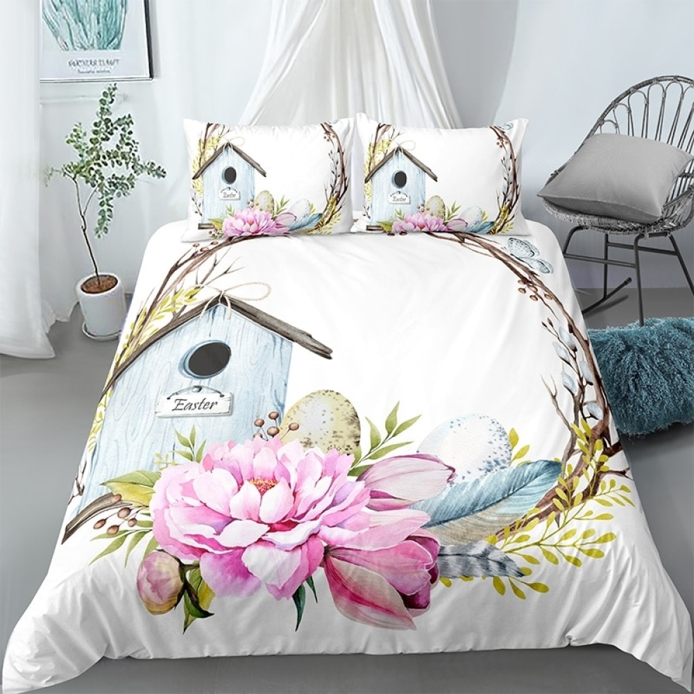 Parure de lit blanche à motif fleurs et œuf de pâques 47721 2252b2