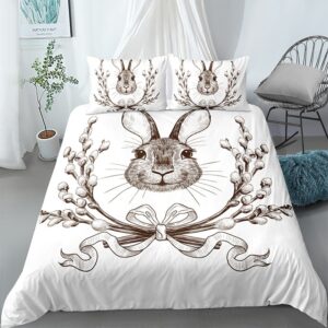 Parure de lit blanche avec imprimé tête de lapin. Bonne qualité, confortable et à la mode sur un lit dans une maison