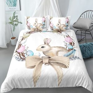 Parure de lit blanche motif lapin assis. Bonne qualité, confortable et à la mode sur un lit dans une maison