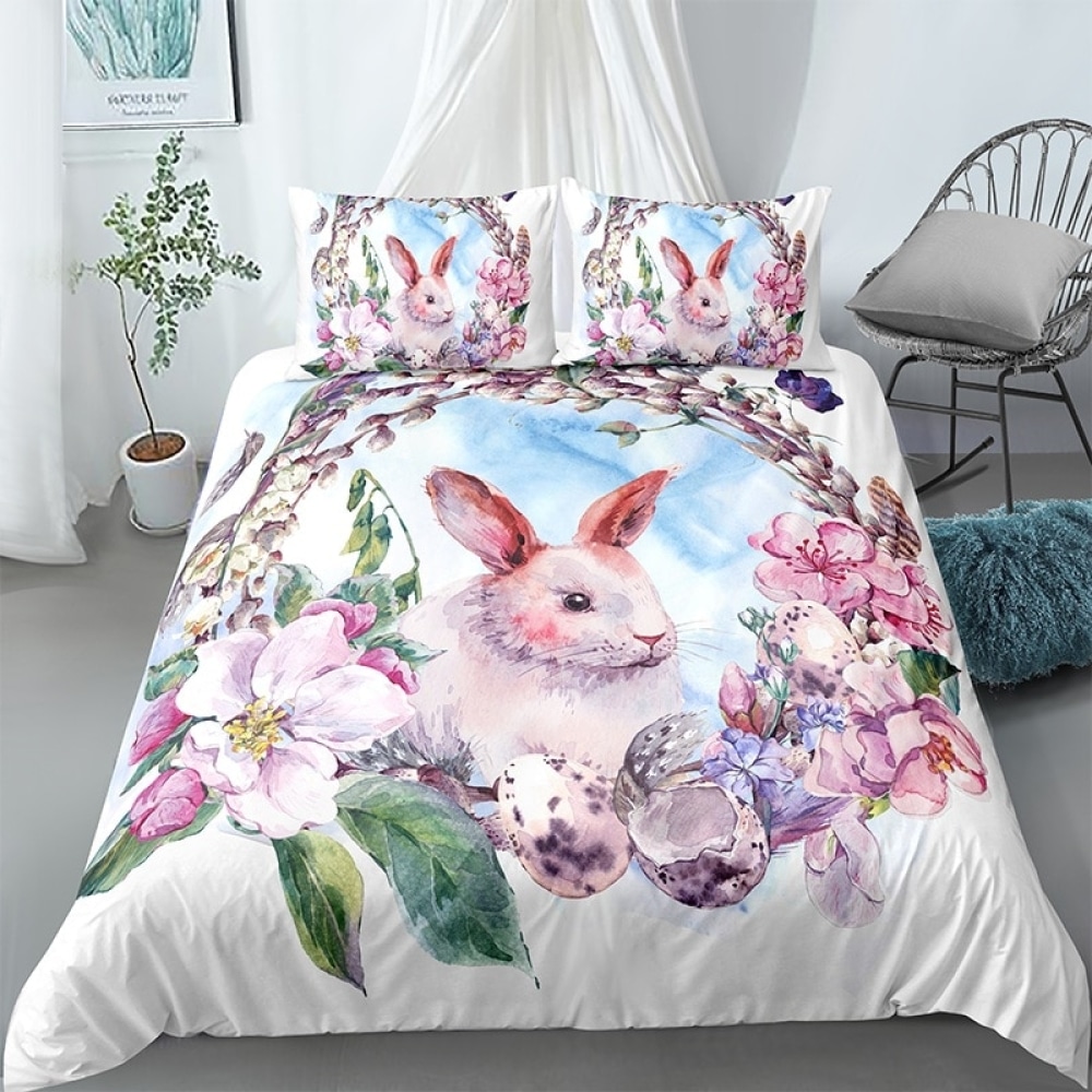 Parure de lit blanche motif lapin entouré de fleurs 47721 9aecb6