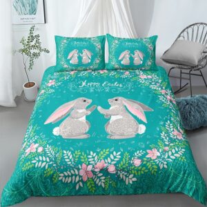 Parure de lit bleu turquoise motif couple lapin. Bonne qualité, confortable et à la mode sur un lit dans une maison