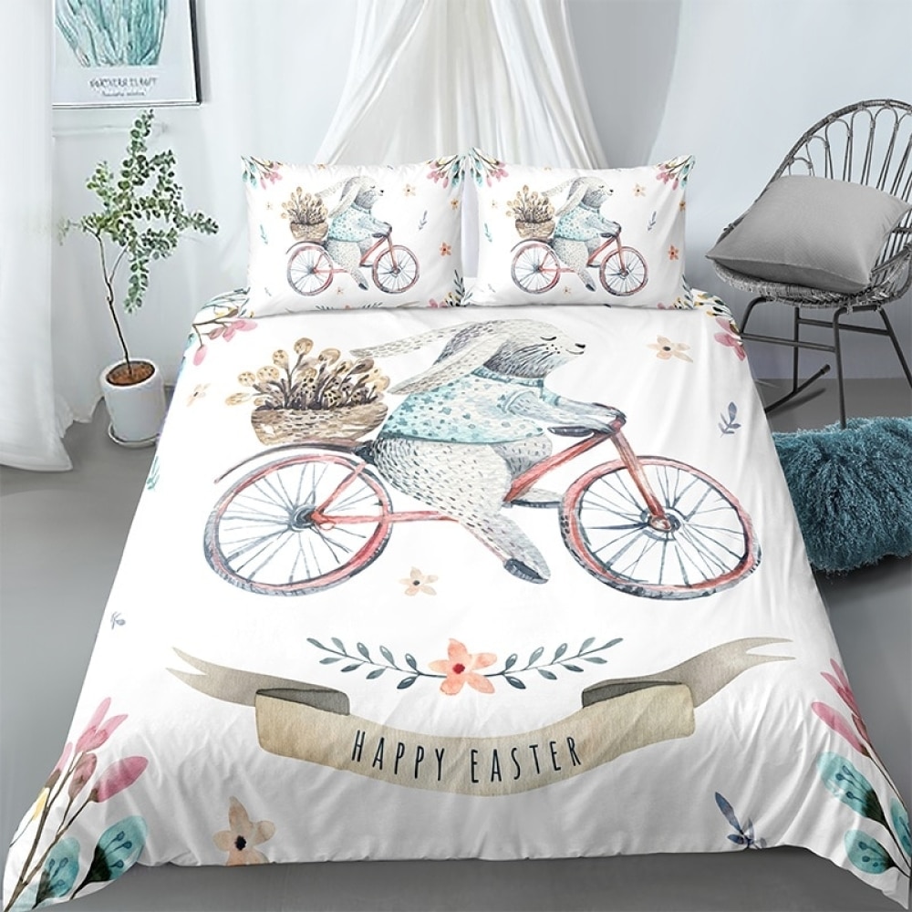 Parure de lit blanche avec motif lapin à vélo 47956 fd6094