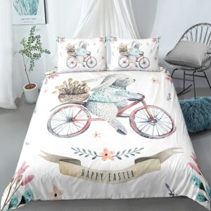 Parure de lit blanche avec motif lapin à vélo. Bonne qualité, confortable et à la mode sur un lit dans une maison