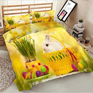 Parure de lit jaune imprimé lapin. Bonne qualité, confortable et à la mode sur un lit dans une maison