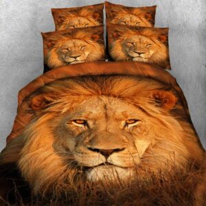 Parure de lit blanche à motif couple lion. Bonne qualité, confortable et à la mode sur un lit dans une maison