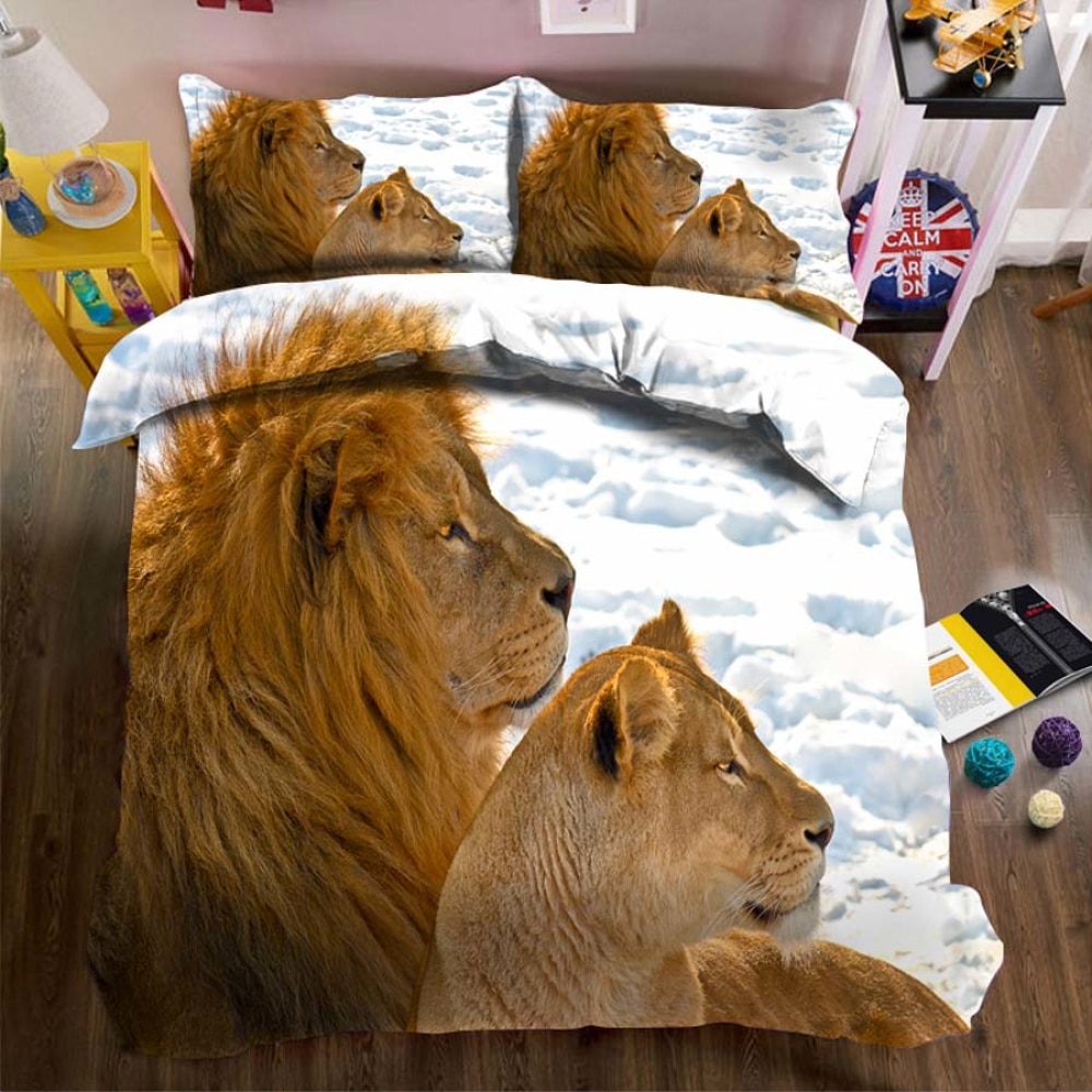 Parure de lit blanche à motif couple lion 48350 f800ec