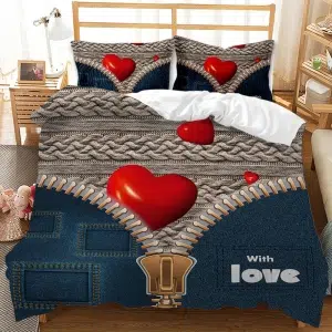 Parure de lit à motif fermeture éclair et cœurs. Bonne qualité, confortable et à la mode sur un lit dans une maison
