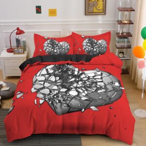 Parure de lit rouge motif cœur brisé. Bonne qualité, confortable et à la mode sur un lit dans une maison