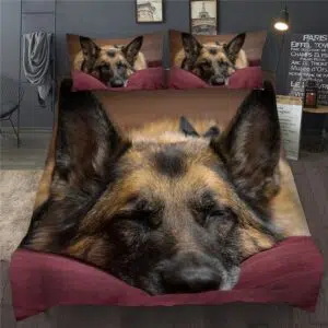 Parure de lit à motif chien qui dort. Bonne qualité, confortable et à la mode sur un lit dans une maison