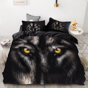 Parure de lit noire motif loup aux yeux jaunes. Bonne qualité, confortable et à la mode sur un lit dans une maison