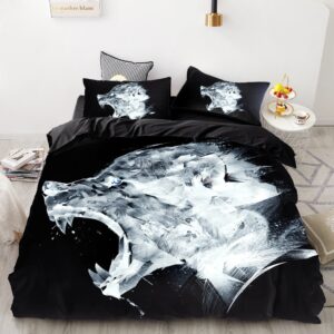 Parure de lit noir motif tête de loup blanc. Bonne qualité, confortable et à la mode sur un lit dans une maison