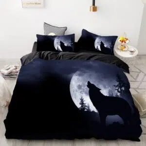 Parure de lit noire à motif loup qui hurle. Bonne qualité, confortable et à la mode sur un lit dans une maison