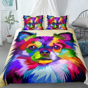 Parure de lit blanche à motif chien coloré. Bonne qualité, confortable et à la mode sur un lit dans une maison