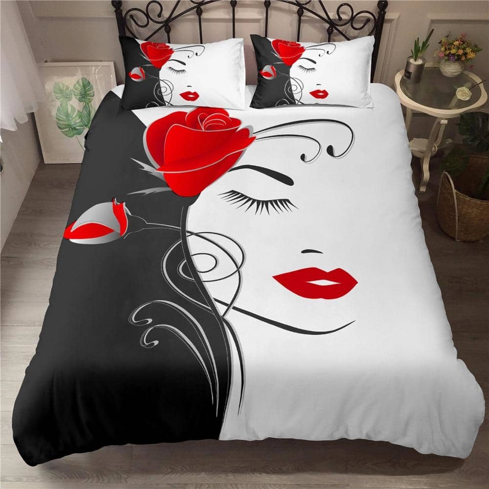 Parure de lit noir et blanc avec imprimé roses et visage d’une femme 51911 7a07be