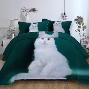 Parure de lit vert royal à motif chat blanc. Bonne qualité, confortable et à la mode sur un lit dans une maison