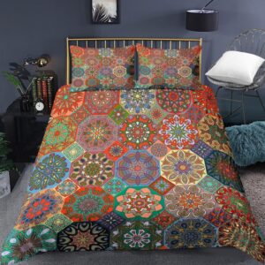 Parure de lit mandala multicolore à motifs géométriques. Bonne qualité, confortable et à la mode sur un lit dans une maison