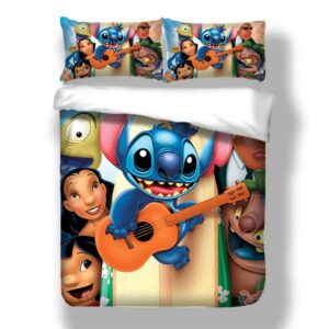 Parure de lit Stitch jouant à la guitare. Bonne qualité, confortable et à la mode sur un lit dans une maison