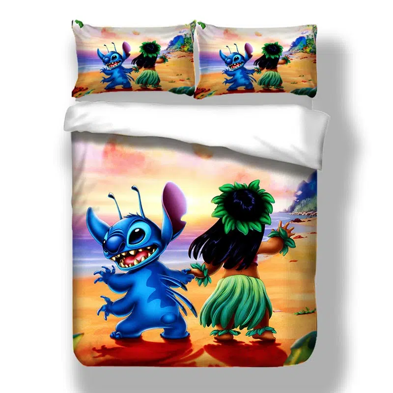 Parure de lit Lilo et Stitch qui dansent. Bonne qualité, confortable et à la mode sur un lit dans une maison