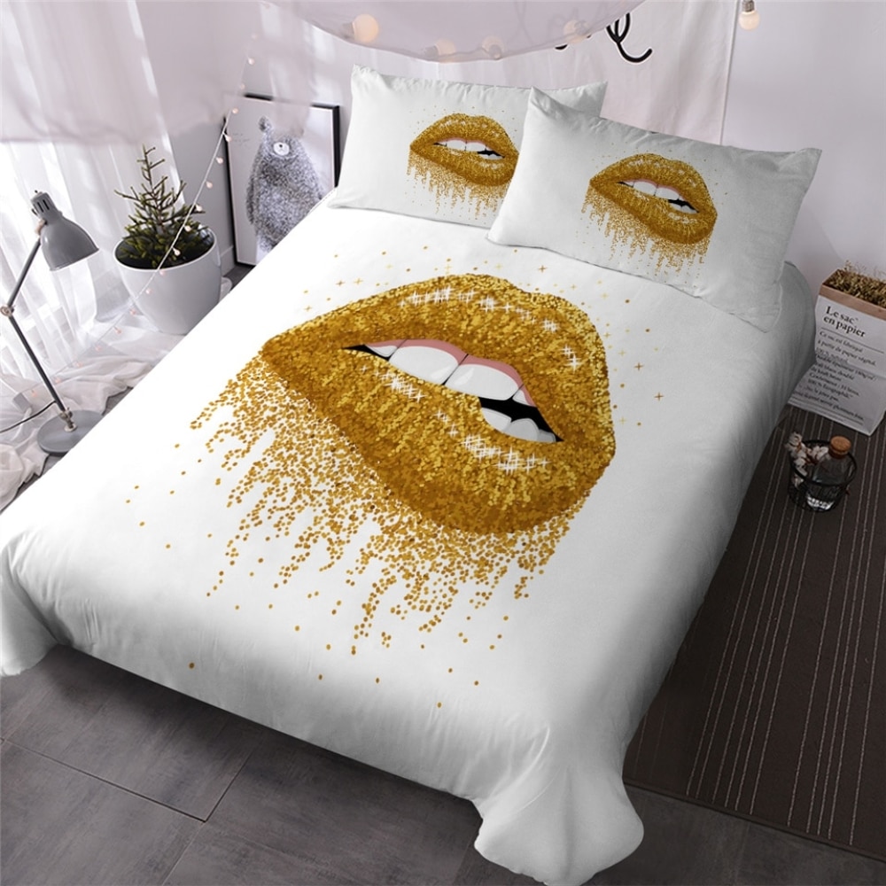 Parure de lit blanche à motif lèvres dorées 53056 38d2fb