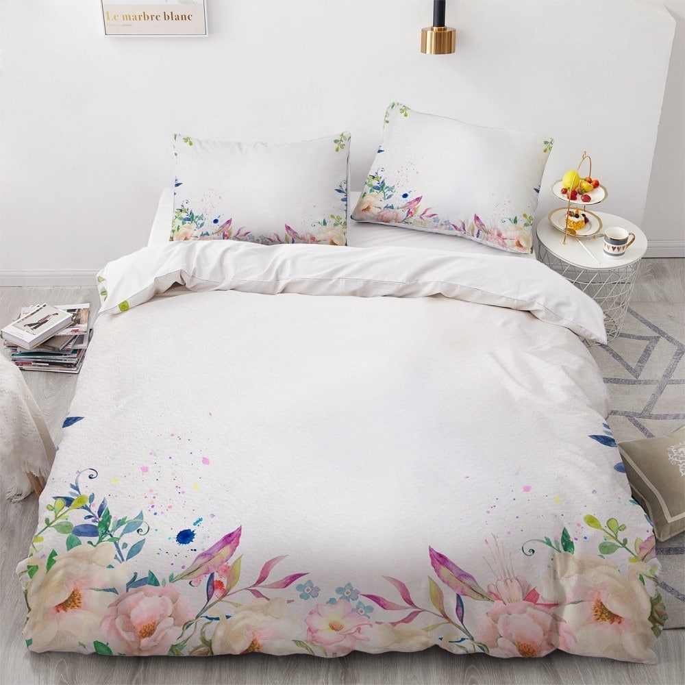 Parure de lit blanche bordée de fleurs 53280 0e5c3f