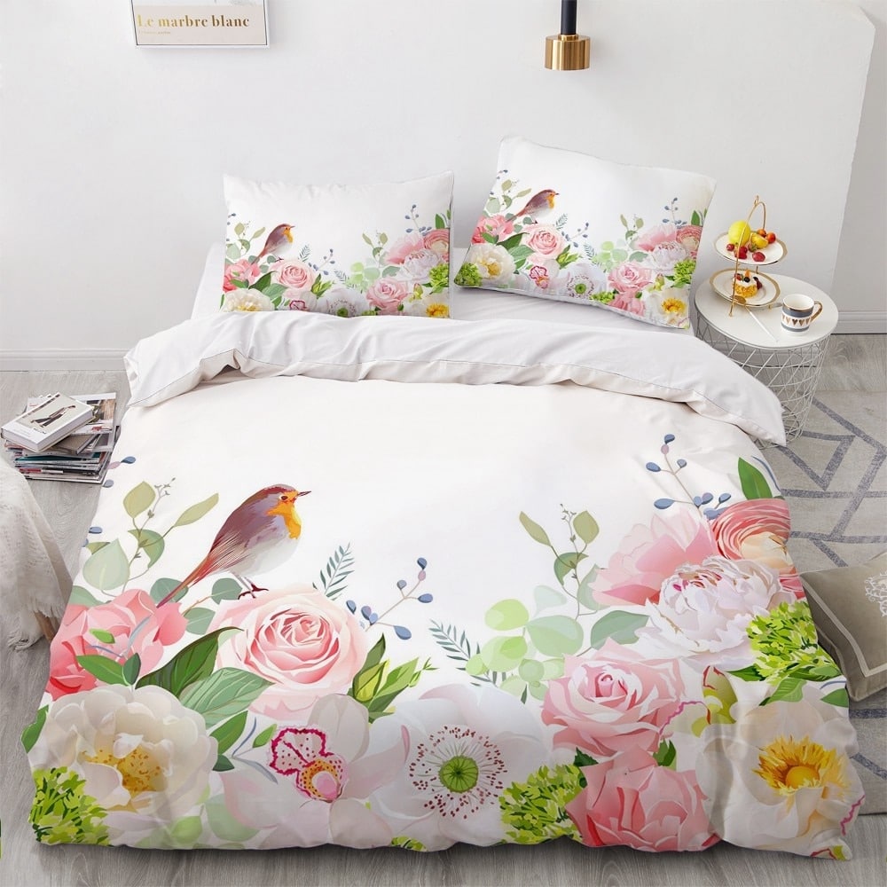 Parure de lit blanche à motifs fleurs et oiseau 53280 0fdb41