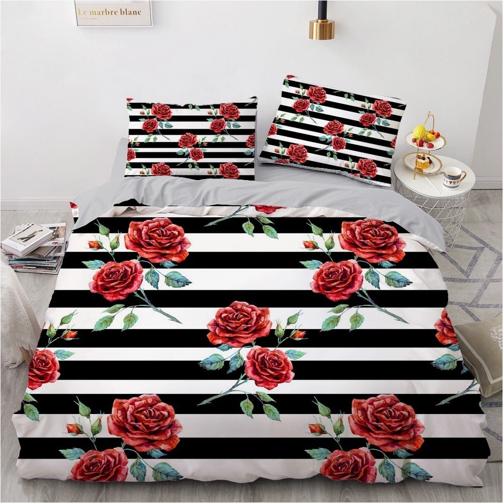 Parure de lit rayée noir et blanc à motif roses rouges 53280 e1e7e0